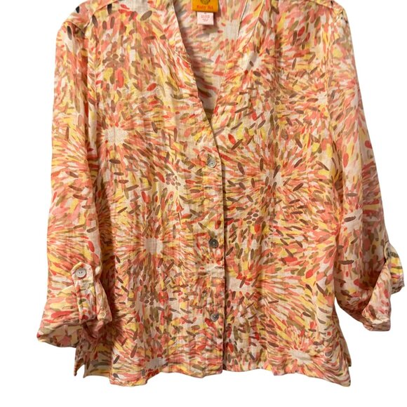 Ruby Rd. Button-Up Lightweight Blouse Size 14 Abstract Print Orange & Yellow - Picture 11 of 12